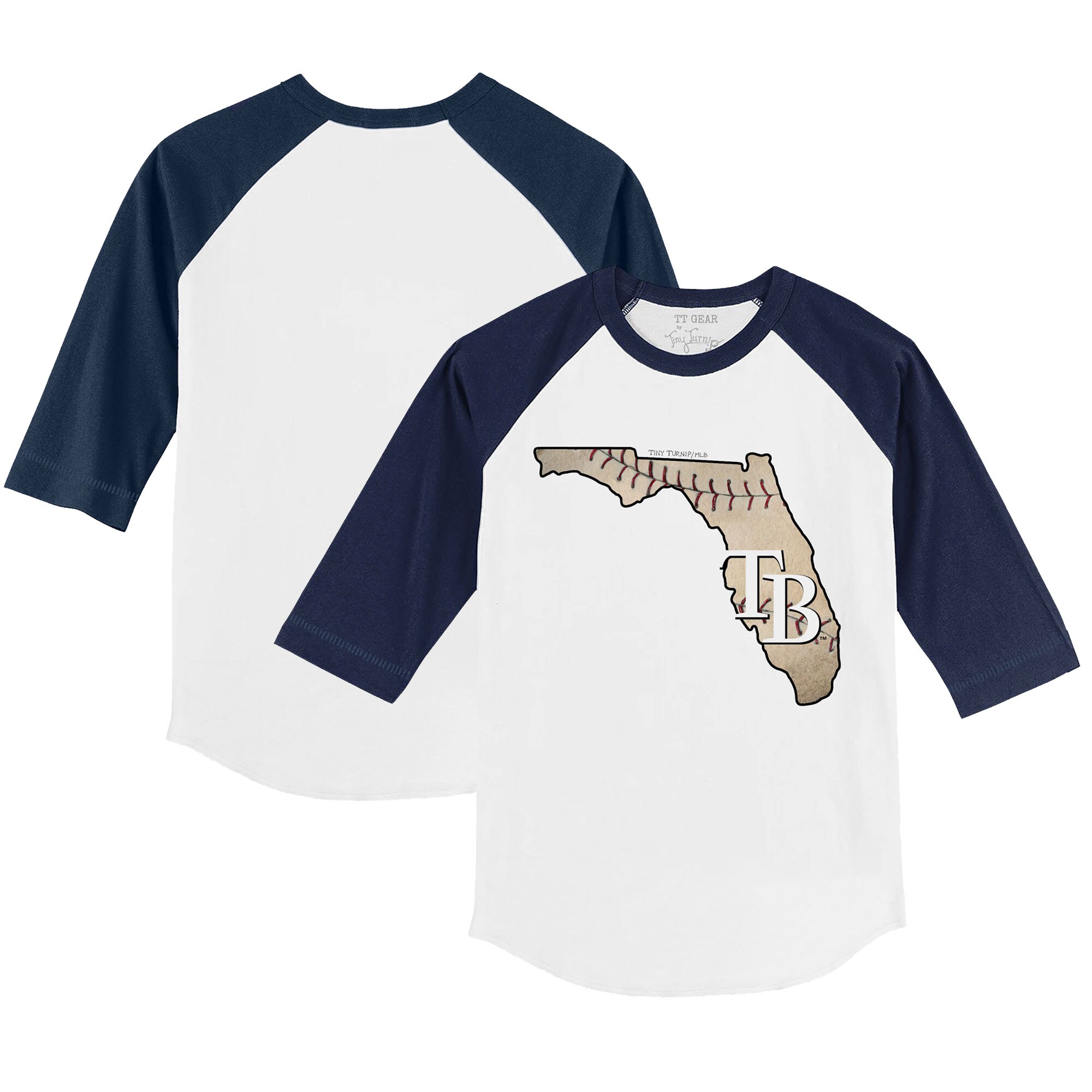 Youth Tampa Bay Rays Tiny Turnip White/Navy State Outline 3/4-Sleeve Raglan T-Shirt